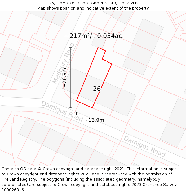 26, DAMIGOS ROAD, GRAVESEND, DA12 2LR: Plot and title map