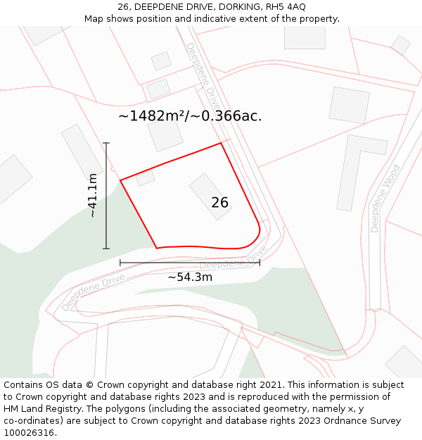 26, DEEPDENE DRIVE, DORKING, RH5 4AQ: Plot and title map