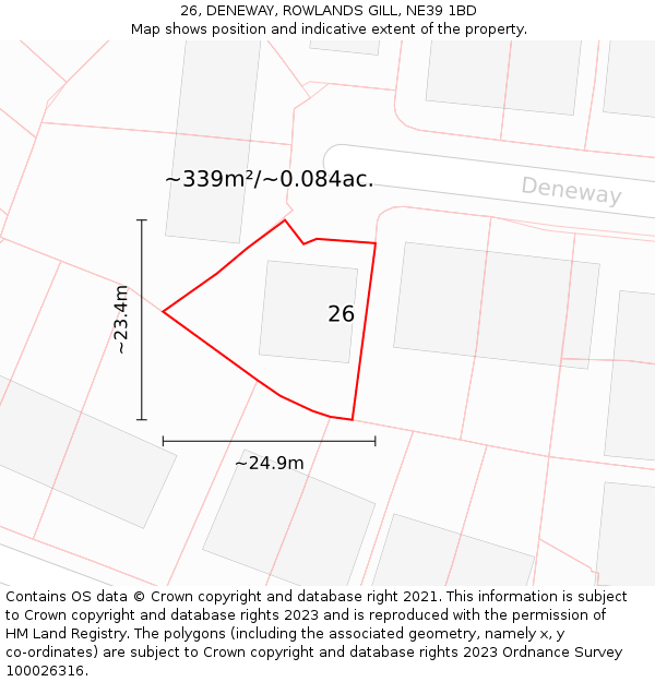 26, DENEWAY, ROWLANDS GILL, NE39 1BD: Plot and title map