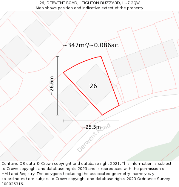 26, DERWENT ROAD, LEIGHTON BUZZARD, LU7 2QW: Plot and title map