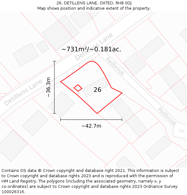 26, DETILLENS LANE, OXTED, RH8 0DJ: Plot and title map