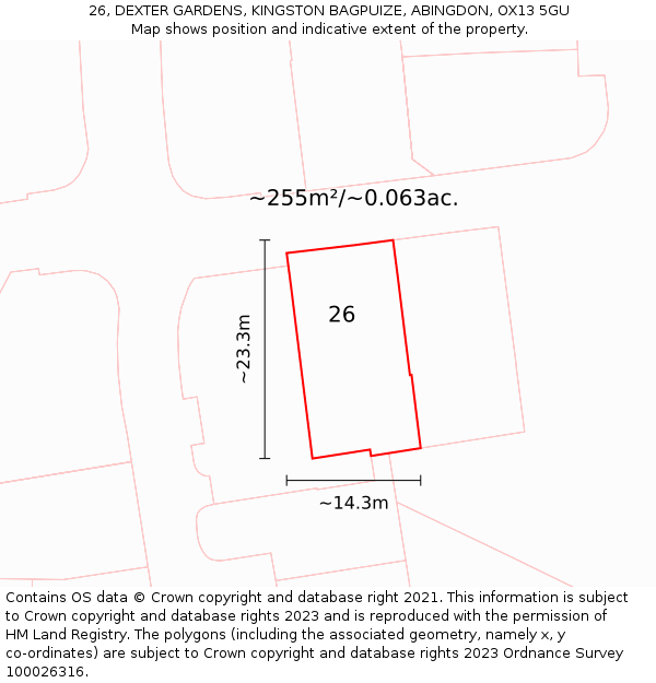 26, DEXTER GARDENS, KINGSTON BAGPUIZE, ABINGDON, OX13 5GU: Plot and title map