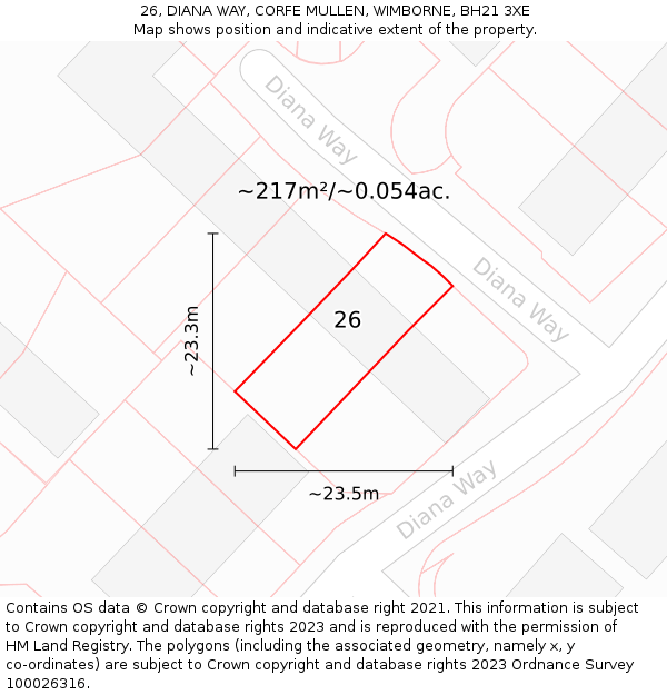 26, DIANA WAY, CORFE MULLEN, WIMBORNE, BH21 3XE: Plot and title map