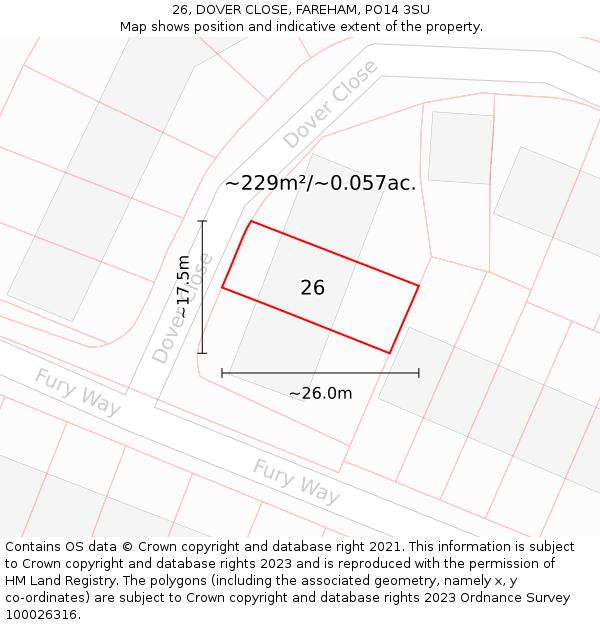 26, DOVER CLOSE, FAREHAM, PO14 3SU: Plot and title map