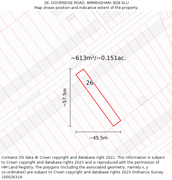 26, DOVERIDGE ROAD, BIRMINGHAM, B28 0LU: Plot and title map