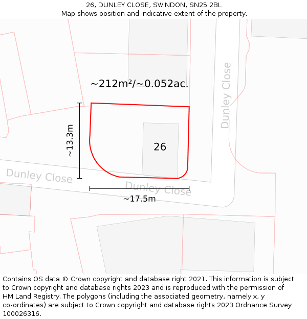 26, DUNLEY CLOSE, SWINDON, SN25 2BL: Plot and title map