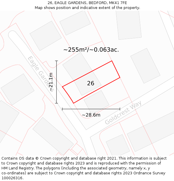 26, EAGLE GARDENS, BEDFORD, MK41 7FE: Plot and title map