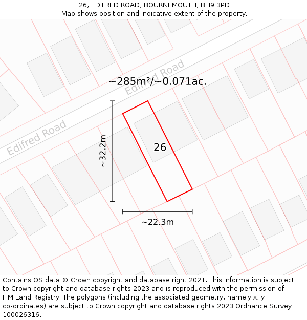 26, EDIFRED ROAD, BOURNEMOUTH, BH9 3PD: Plot and title map