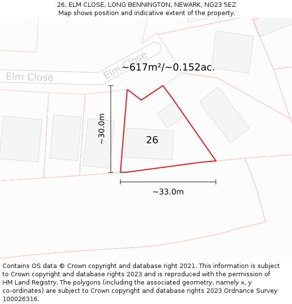 26, ELM CLOSE, LONG BENNINGTON, NEWARK, NG23 5EZ: Plot and title map