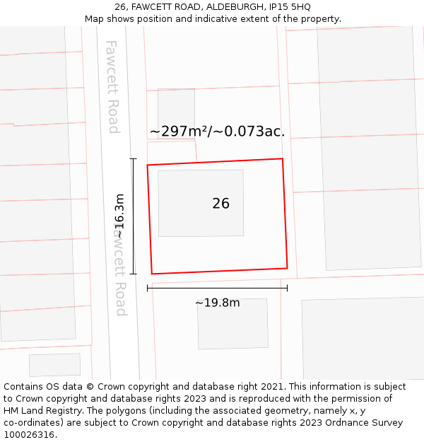 26, FAWCETT ROAD, ALDEBURGH, IP15 5HQ: Plot and title map