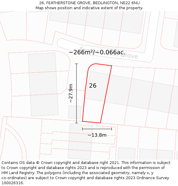 26, FEATHERSTONE GROVE, BEDLINGTON, NE22 6NU: Plot and title map