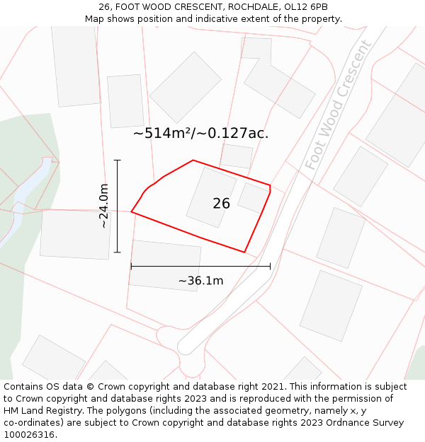 26, FOOT WOOD CRESCENT, ROCHDALE, OL12 6PB: Plot and title map