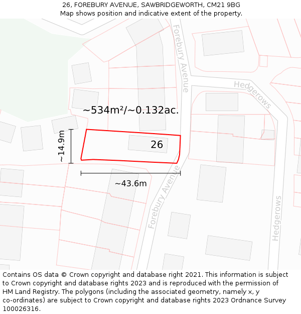 26, FOREBURY AVENUE, SAWBRIDGEWORTH, CM21 9BG: Plot and title map