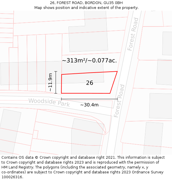 26, FOREST ROAD, BORDON, GU35 0BH: Plot and title map