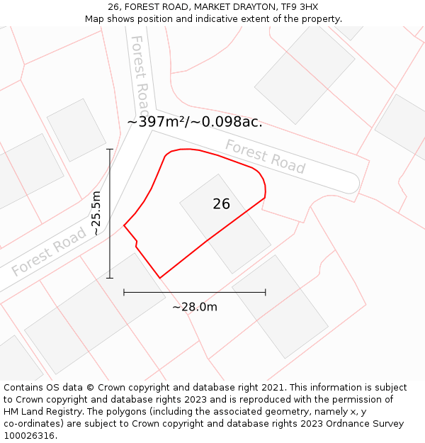 26, FOREST ROAD, MARKET DRAYTON, TF9 3HX: Plot and title map