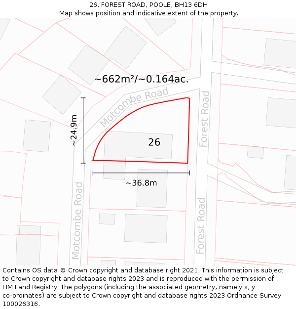 26, FOREST ROAD, POOLE, BH13 6DH: Plot and title map