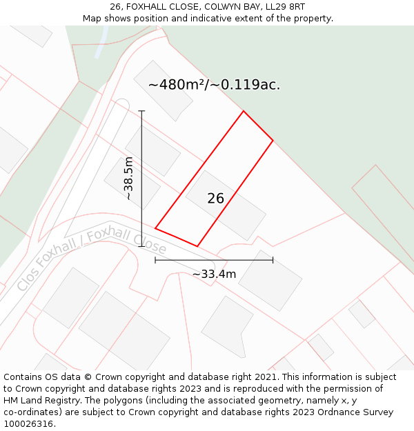 26, FOXHALL CLOSE, COLWYN BAY, LL29 8RT: Plot and title map