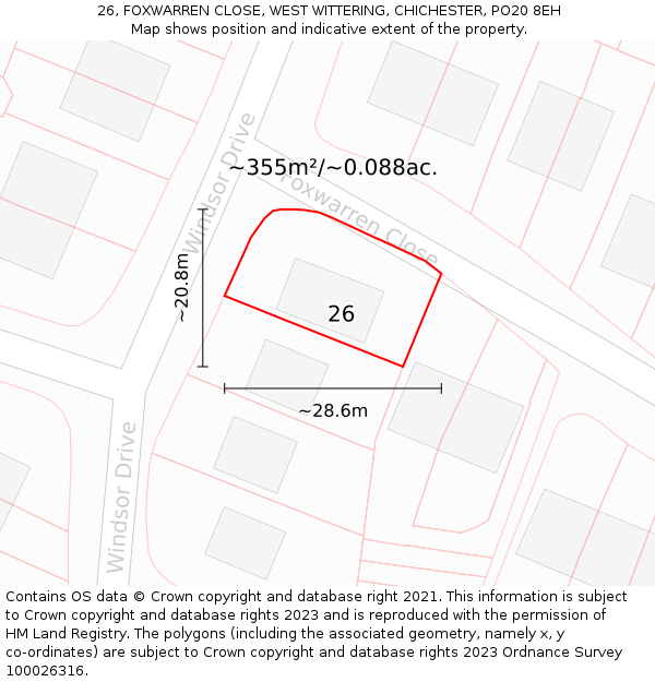 26, FOXWARREN CLOSE, WEST WITTERING, CHICHESTER, PO20 8EH: Plot and title map