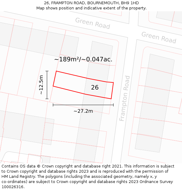 26, FRAMPTON ROAD, BOURNEMOUTH, BH9 1HD: Plot and title map