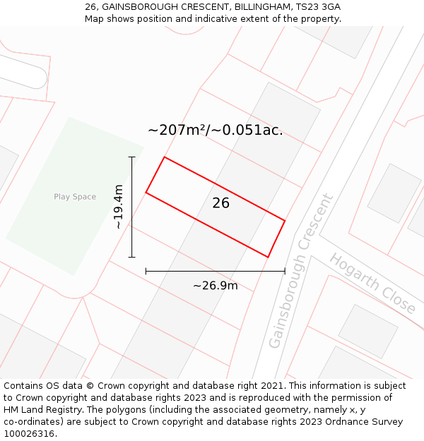 26, GAINSBOROUGH CRESCENT, BILLINGHAM, TS23 3GA: Plot and title map