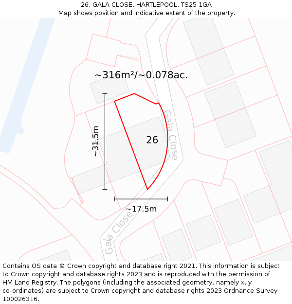 26, GALA CLOSE, HARTLEPOOL, TS25 1GA: Plot and title map