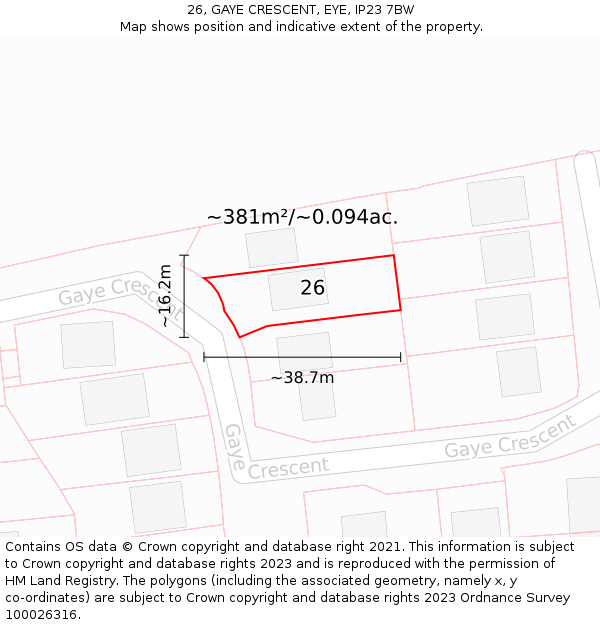 26, GAYE CRESCENT, EYE, IP23 7BW: Plot and title map