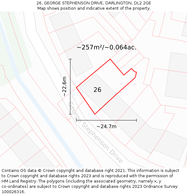 26, GEORGE STEPHENSON DRIVE, DARLINGTON, DL2 2GE: Plot and title map