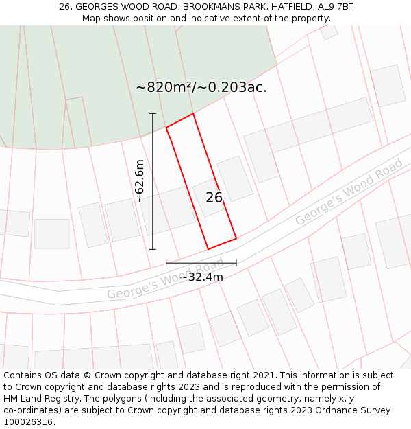 26, GEORGES WOOD ROAD, BROOKMANS PARK, HATFIELD, AL9 7BT: Plot and title map