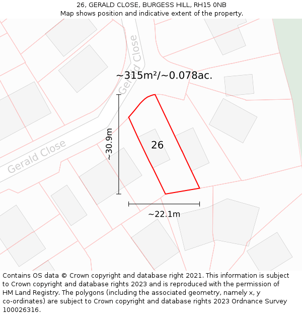 26, GERALD CLOSE, BURGESS HILL, RH15 0NB: Plot and title map