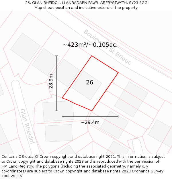 26, GLAN RHEIDOL, LLANBADARN FAWR, ABERYSTWYTH, SY23 3GG: Plot and title map