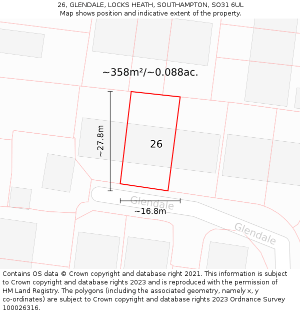 26, GLENDALE, LOCKS HEATH, SOUTHAMPTON, SO31 6UL: Plot and title map