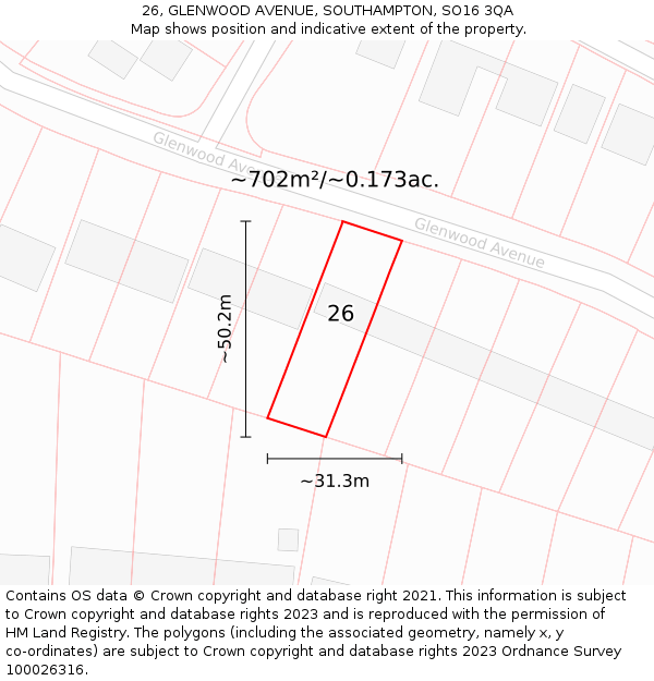 26, GLENWOOD AVENUE, SOUTHAMPTON, SO16 3QA: Plot and title map