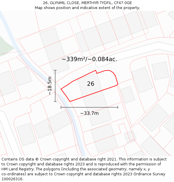 26, GLYNMIL CLOSE, MERTHYR TYDFIL, CF47 0GE: Plot and title map