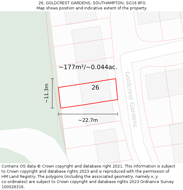 26, GOLDCREST GARDENS, SOUTHAMPTON, SO16 8FG: Plot and title map