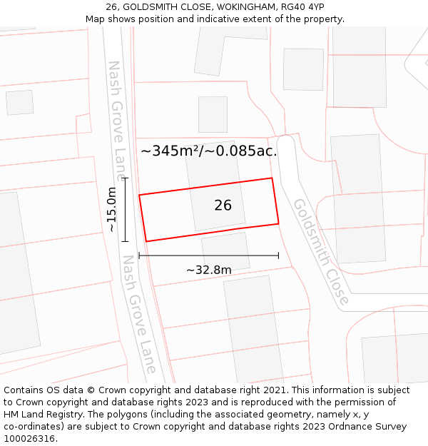 26, GOLDSMITH CLOSE, WOKINGHAM, RG40 4YP: Plot and title map