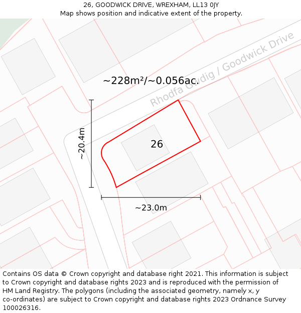 26, GOODWICK DRIVE, WREXHAM, LL13 0JY: Plot and title map