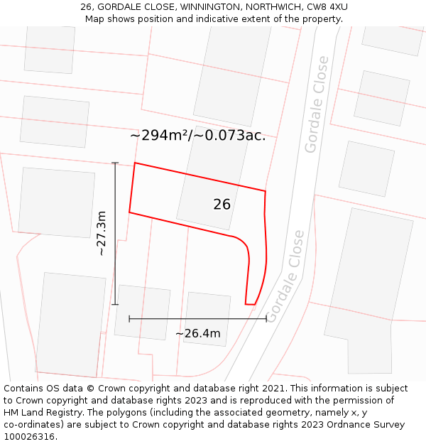26, GORDALE CLOSE, WINNINGTON, NORTHWICH, CW8 4XU: Plot and title map