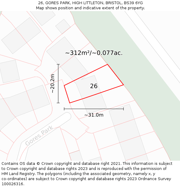 26, GORES PARK, HIGH LITTLETON, BRISTOL, BS39 6YG: Plot and title map