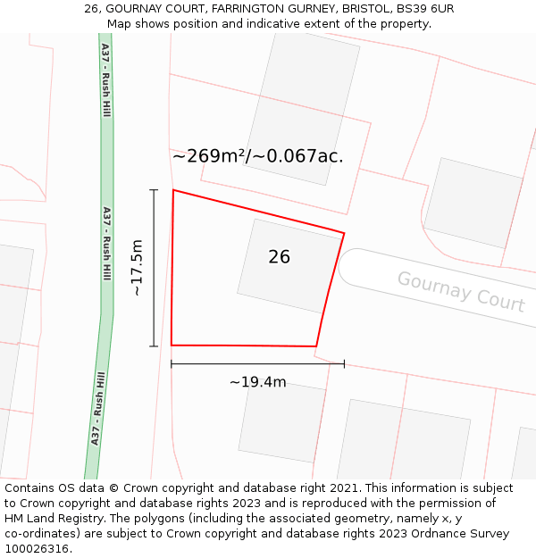 26, GOURNAY COURT, FARRINGTON GURNEY, BRISTOL, BS39 6UR: Plot and title map