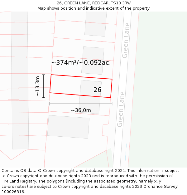 26, GREEN LANE, REDCAR, TS10 3RW: Plot and title map