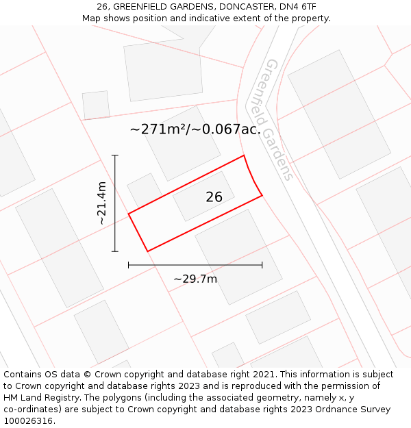 26, GREENFIELD GARDENS, DONCASTER, DN4 6TF: Plot and title map