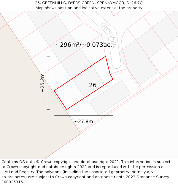 26, GREENHILLS, BYERS GREEN, SPENNYMOOR, DL16 7QJ: Plot and title map