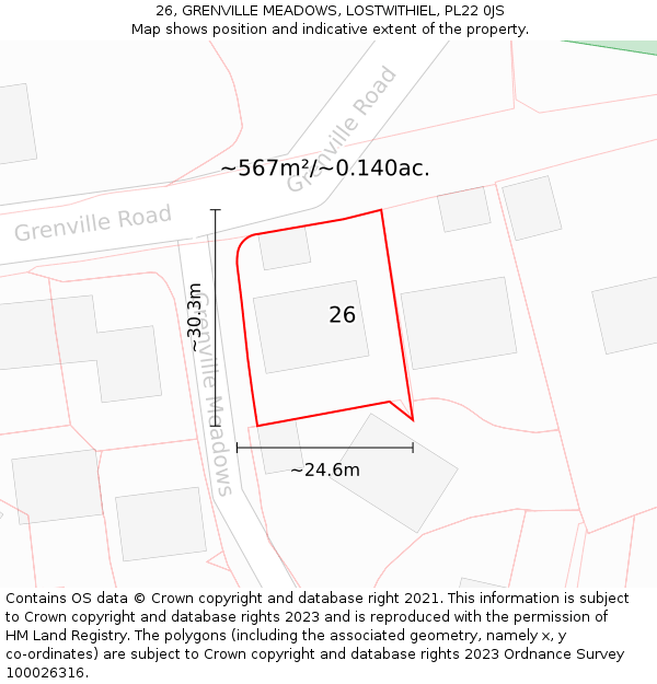 26, GRENVILLE MEADOWS, LOSTWITHIEL, PL22 0JS: Plot and title map