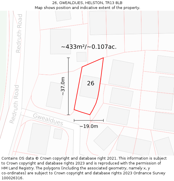 26, GWEALDUES, HELSTON, TR13 8LB: Plot and title map