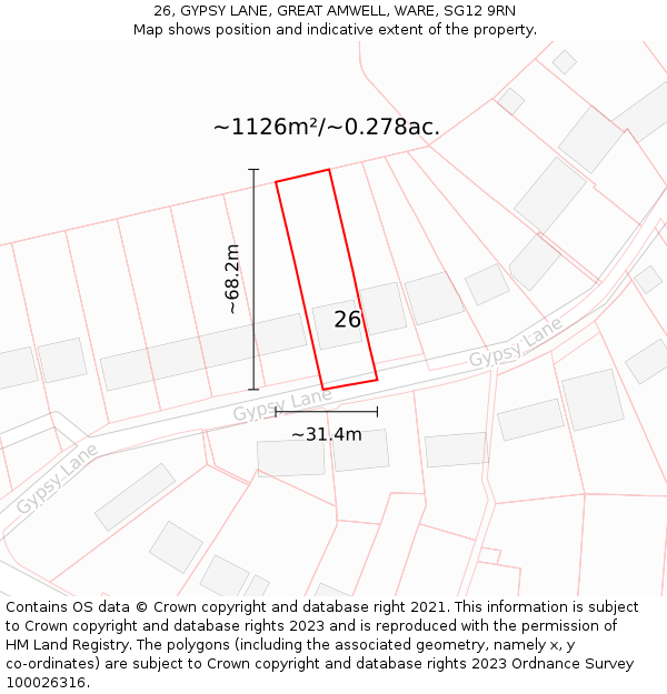 26, GYPSY LANE, GREAT AMWELL, WARE, SG12 9RN: Plot and title map