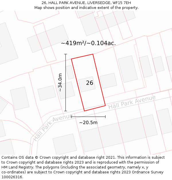 26, HALL PARK AVENUE, LIVERSEDGE, WF15 7EH: Plot and title map