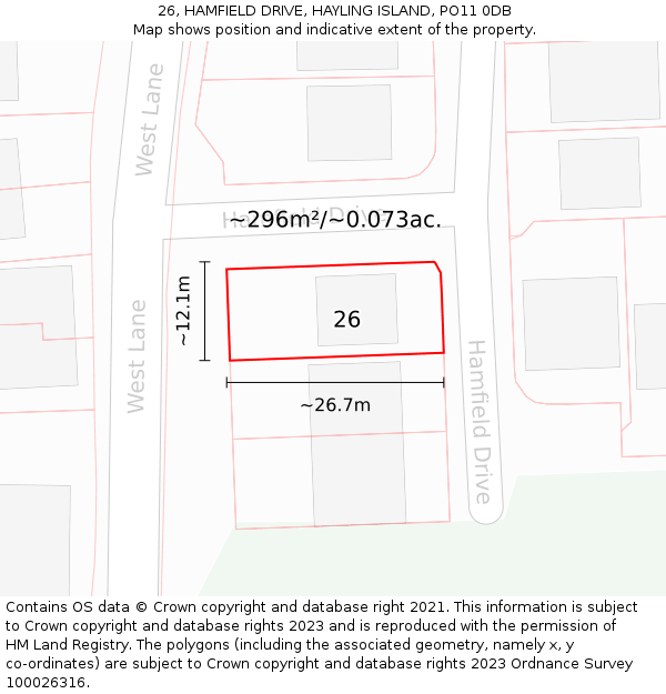 26, HAMFIELD DRIVE, HAYLING ISLAND, PO11 0DB: Plot and title map