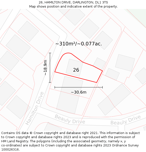 26, HAMILTON DRIVE, DARLINGTON, DL1 3TS: Plot and title map