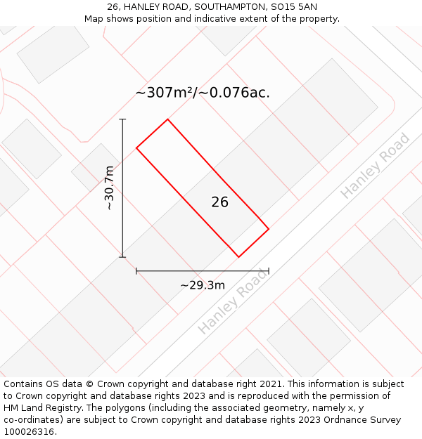 26, HANLEY ROAD, SOUTHAMPTON, SO15 5AN: Plot and title map