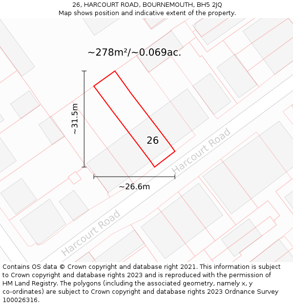 26, HARCOURT ROAD, BOURNEMOUTH, BH5 2JQ: Plot and title map